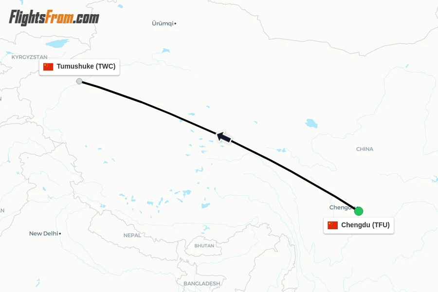 Flights from Chengdu to Tumushuke route map