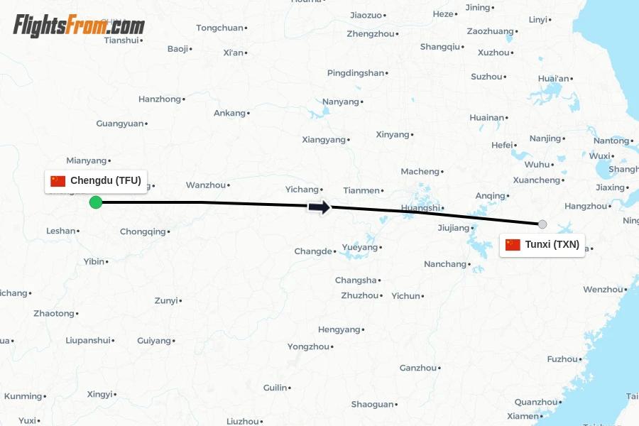 Flights from Chengdu to Tunxi route map