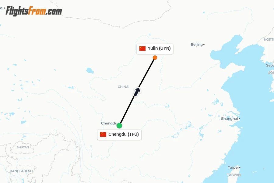 Flights from Chengdu to Yulin route map