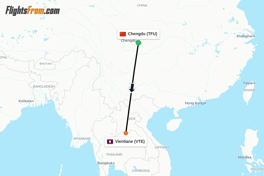 Flights from Chengdu to Vientiane route map