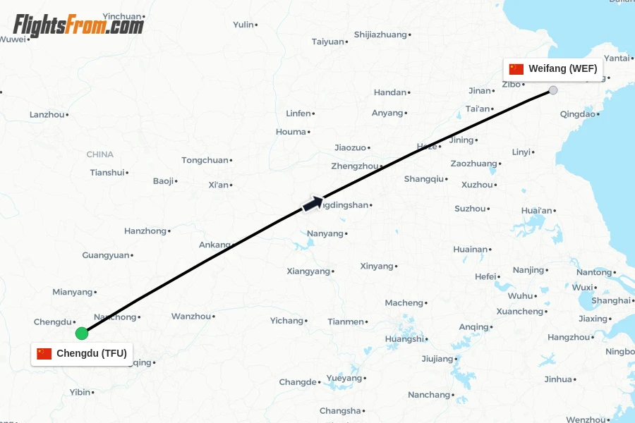 Flights from Chengdu to Weifang route map