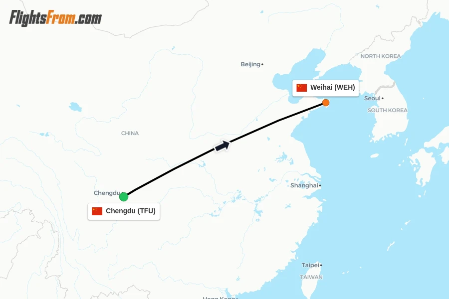 Flights from Chengdu to Weihai route map