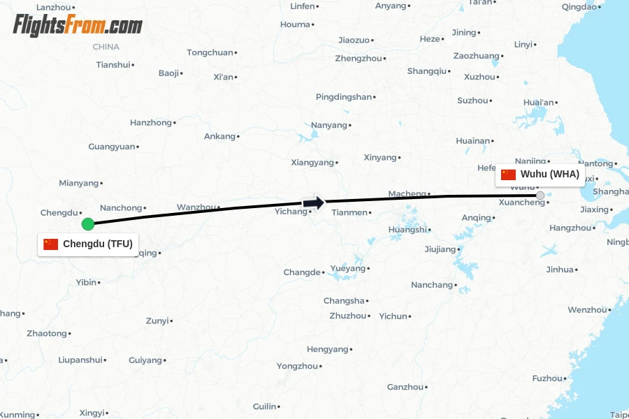 Flights from Chengdu to Wuhu route map