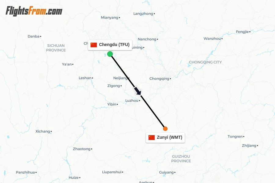 Flights from Chengdu to Zunyi route map
