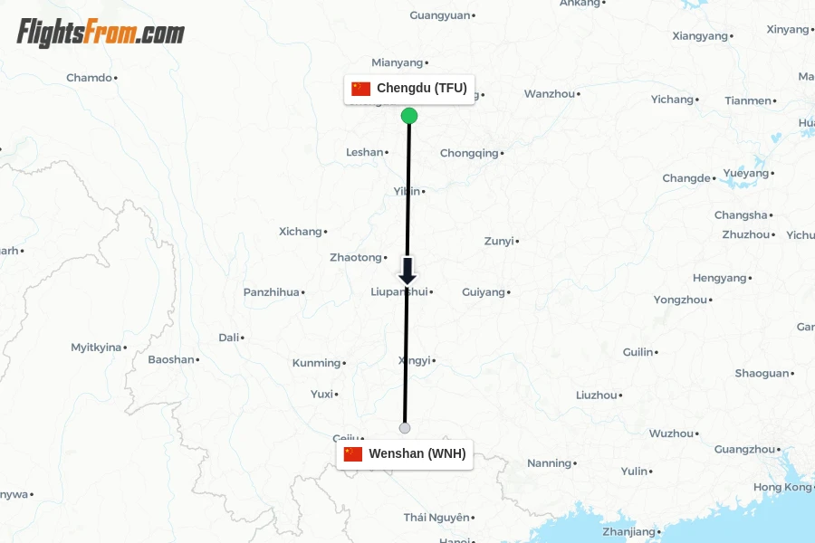 Flights from Chengdu to Wenshan route map