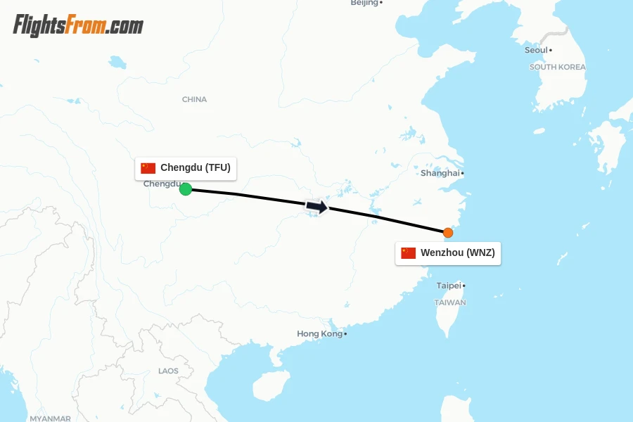 Flights from Chengdu to Wenzhou route map