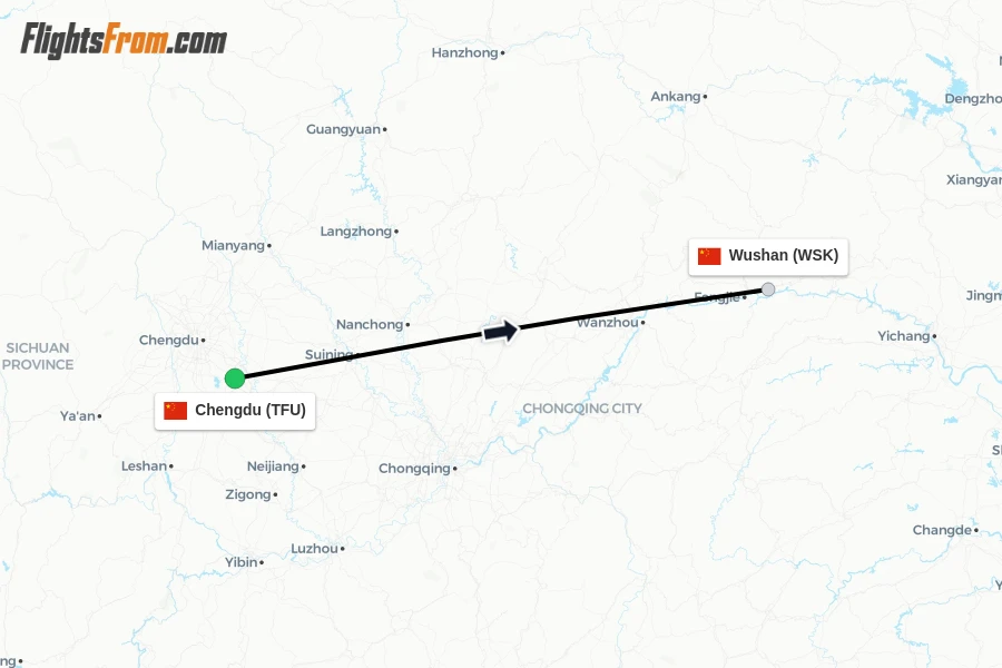 Flights from Chengdu to Wushan route map