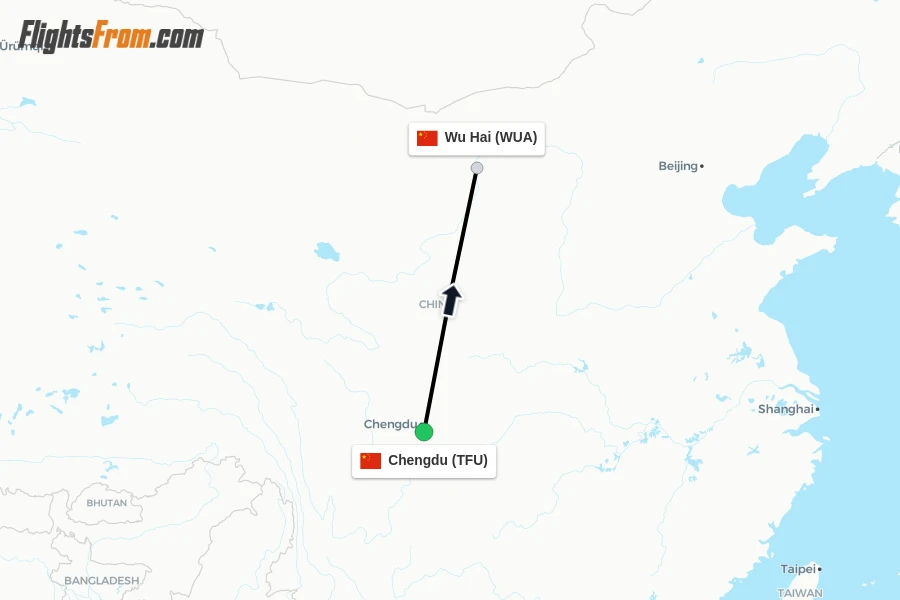 Flights from Chengdu to Wu Hai route map