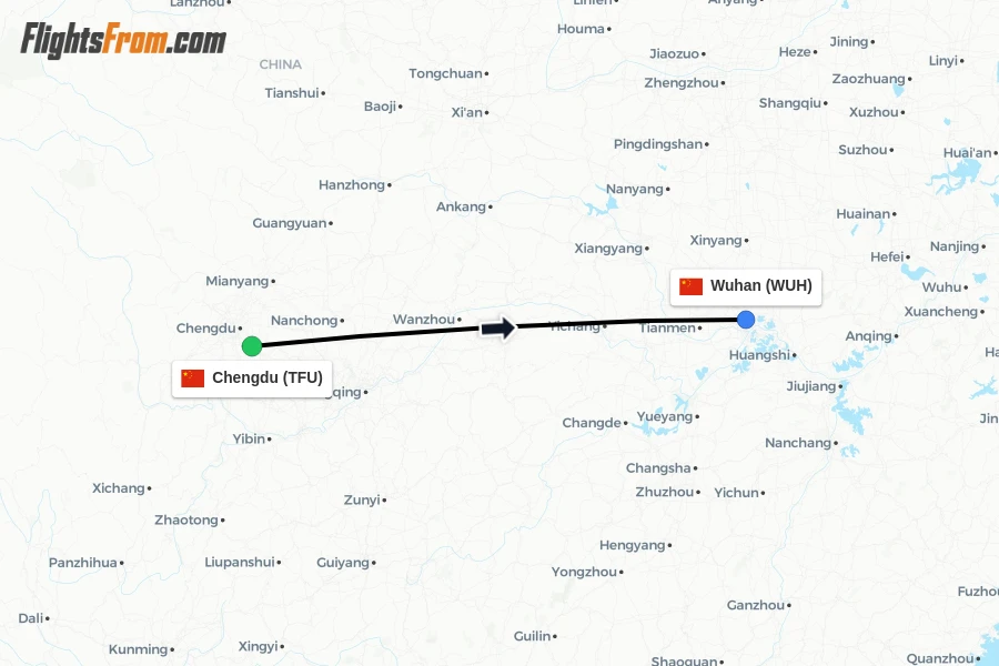 Flights from Chengdu to Wuhan route map