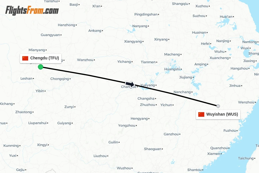 Flights from Chengdu to Wuyishan route map