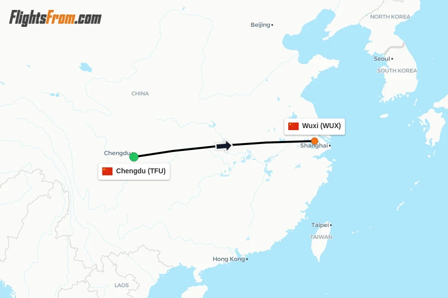Flights from Chengdu to Wuxi route map