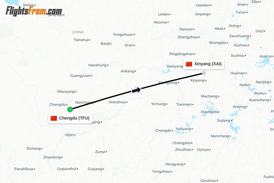 Flights from Chengdu to Xinyang route map