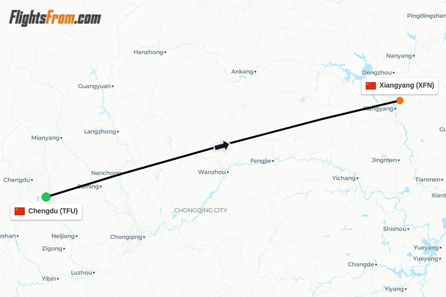 Flights from Chengdu to Xiangyang route map