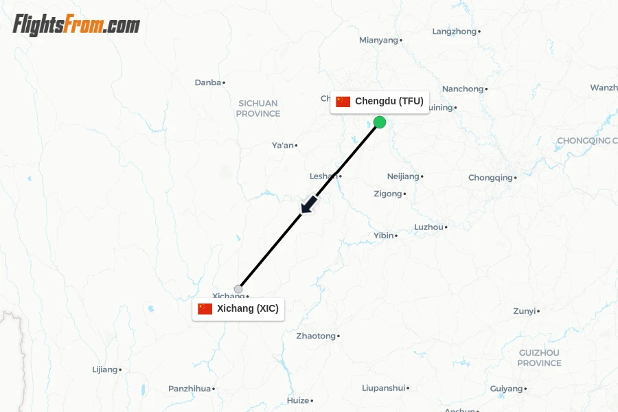 Flights from Chengdu to Xichang route map