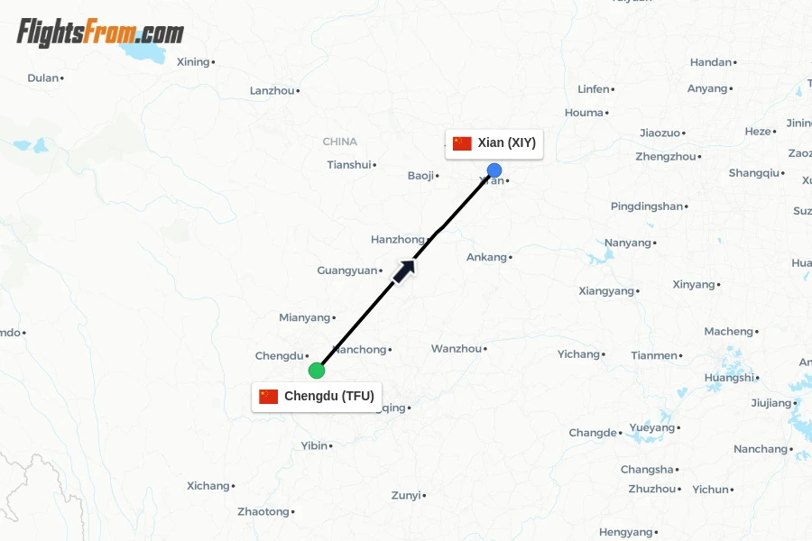 Flights from Chengdu to Xian route map