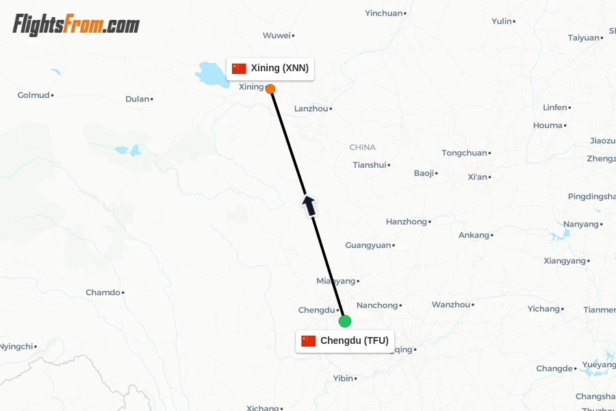 Flights from Chengdu to Xining route map