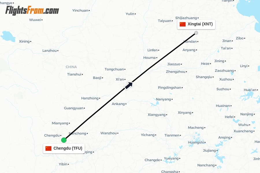 Flights from Chengdu to Xingtai route map