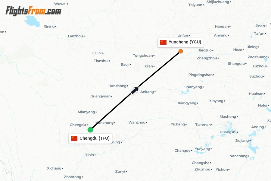 Flights from Chengdu to Yuncheng route map