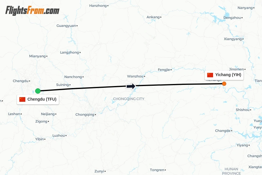 Flights from Chengdu to Yichang route map