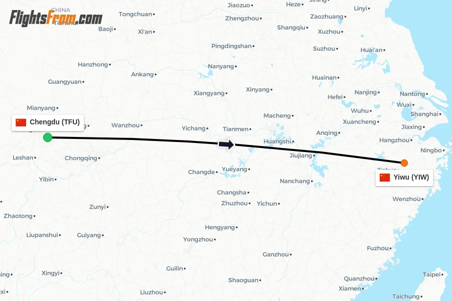 Flights from Chengdu to Yiwu route map