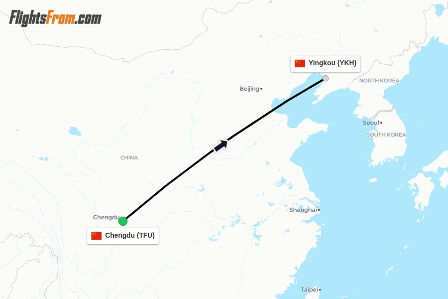 Flights from Chengdu to Yingkou route map