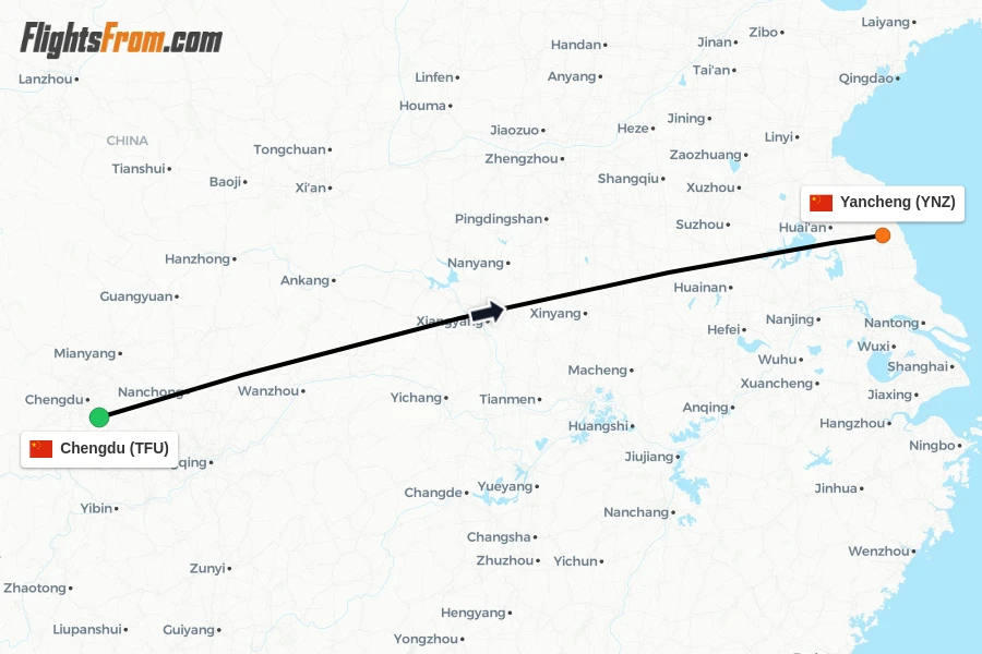 Flights from Chengdu to Yancheng route map