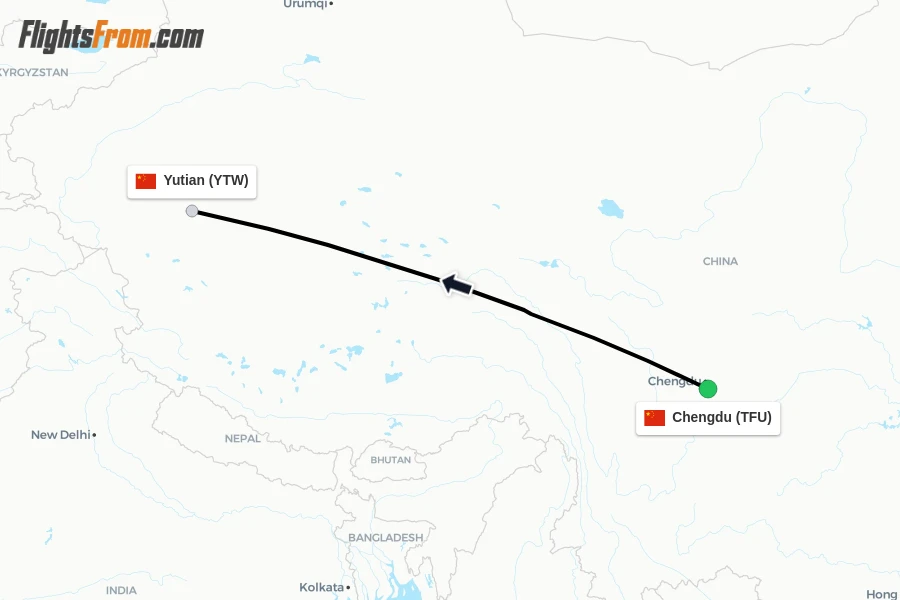 Flights from Chengdu to Yutian route map