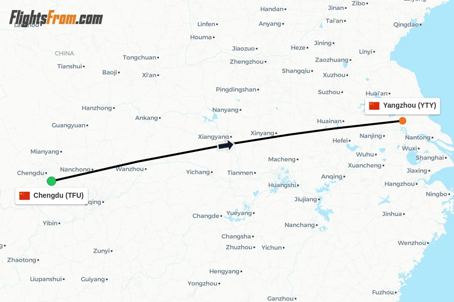 Flights from Chengdu to Yangzhou route map