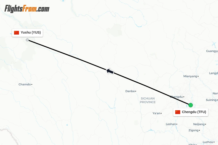 Flights from Chengdu to Yushu route map