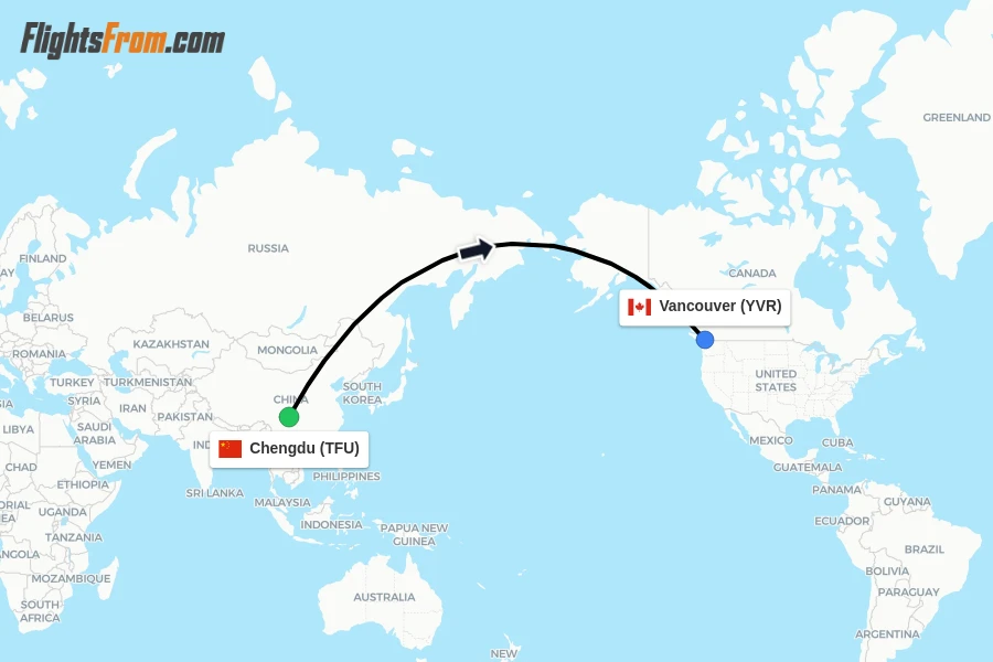 Flights from Chengdu to Vancouver route map
