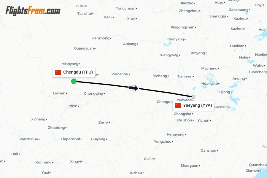 Flights from Chengdu to Yueyang route map