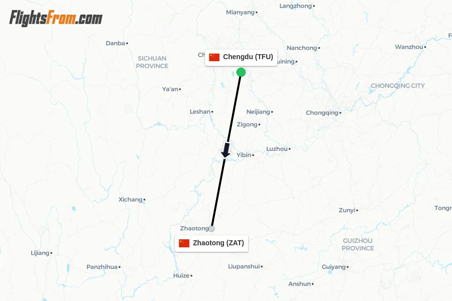 Flights from Chengdu to Zhaotong route map