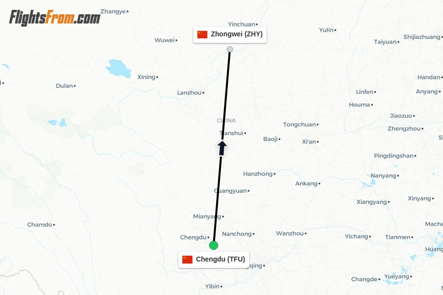 Flights from Chengdu to Zhongwei route map