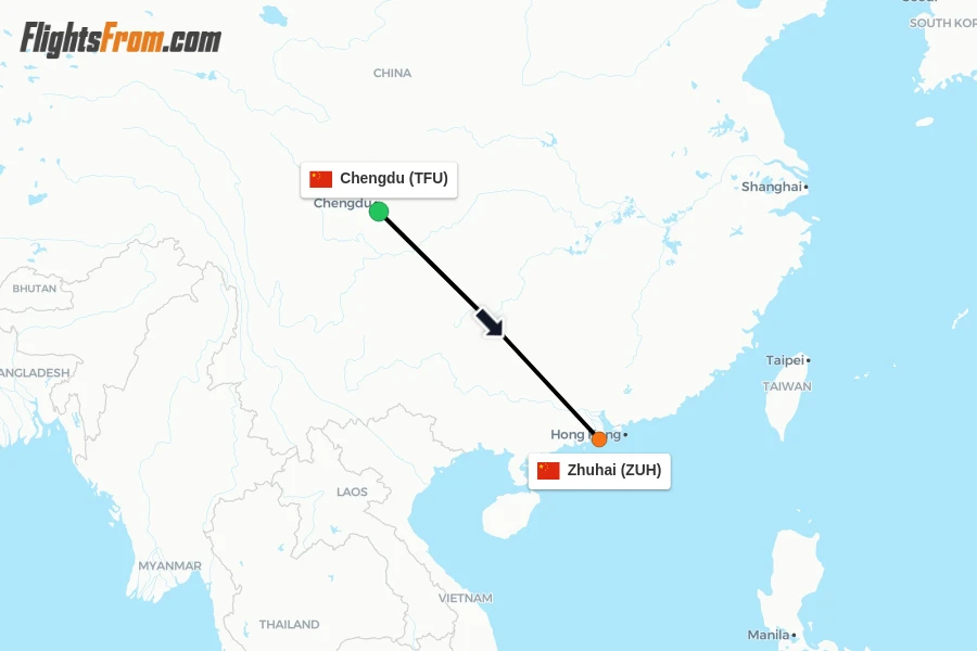 Flights from Chengdu to Zhuhai route map