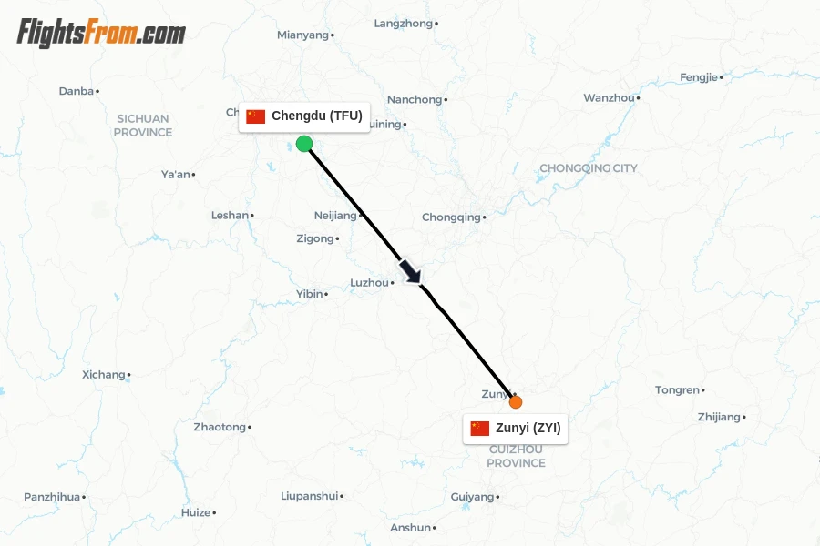 Flights from Chengdu to Zunyi route map