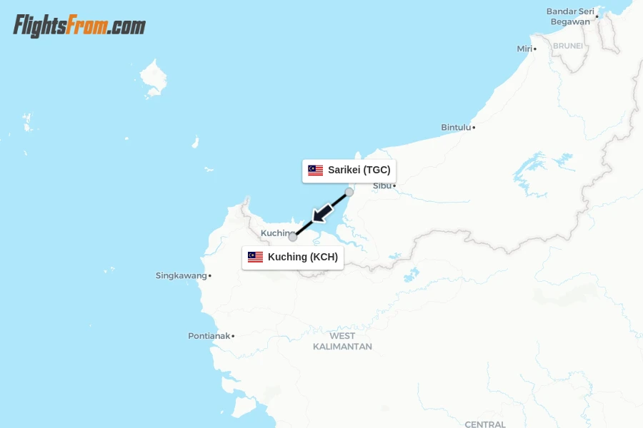Flights from Sarikei to Kuching route map
