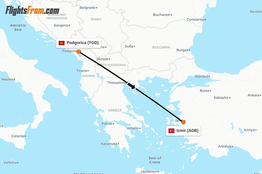 Flights from Podgorica to Izmir route map