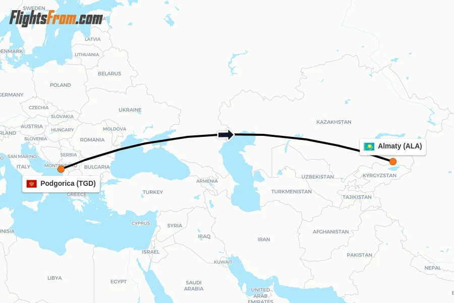 Flights from Podgorica to Almaty route map