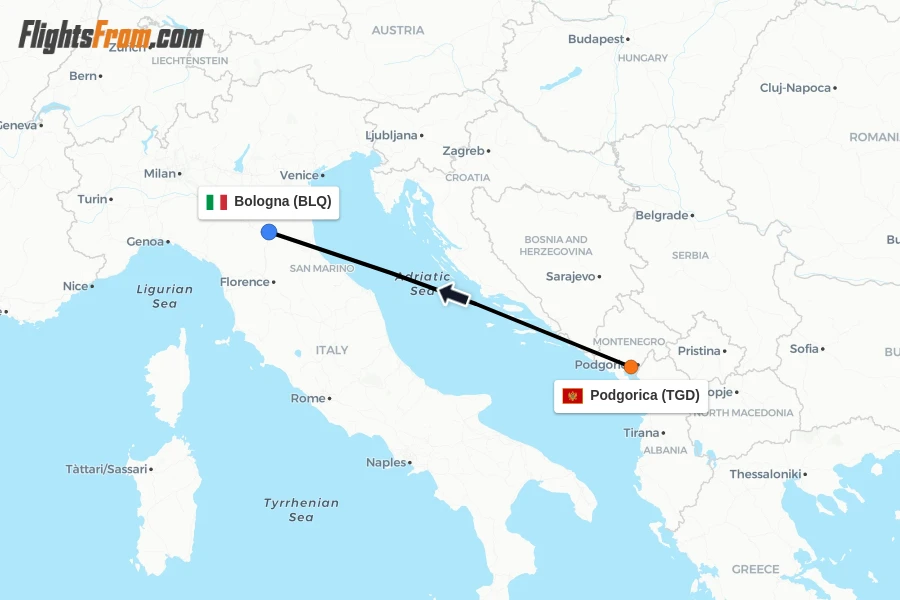 Flights from Podgorica to Bologna route map