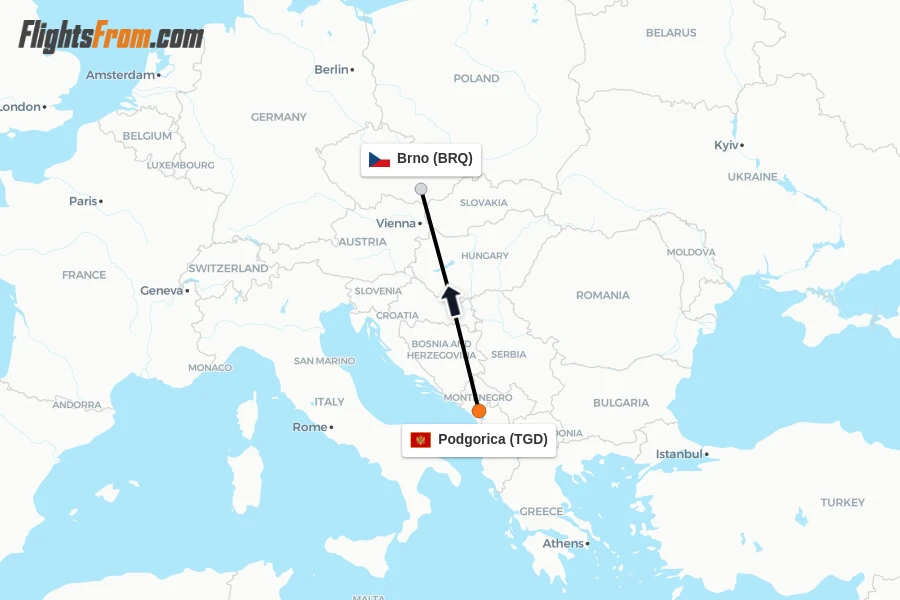 Flights from Podgorica to Brno route map