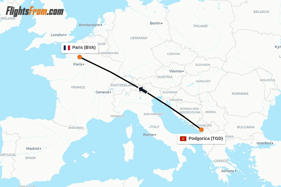 Flights from Podgorica to Paris route map