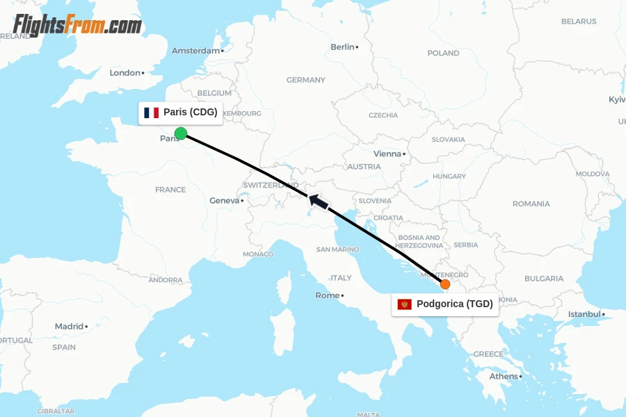 Flights from Podgorica to Paris route map