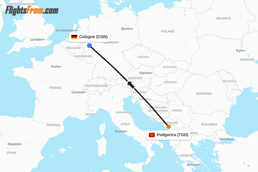 Flights from Podgorica to Cologne route map