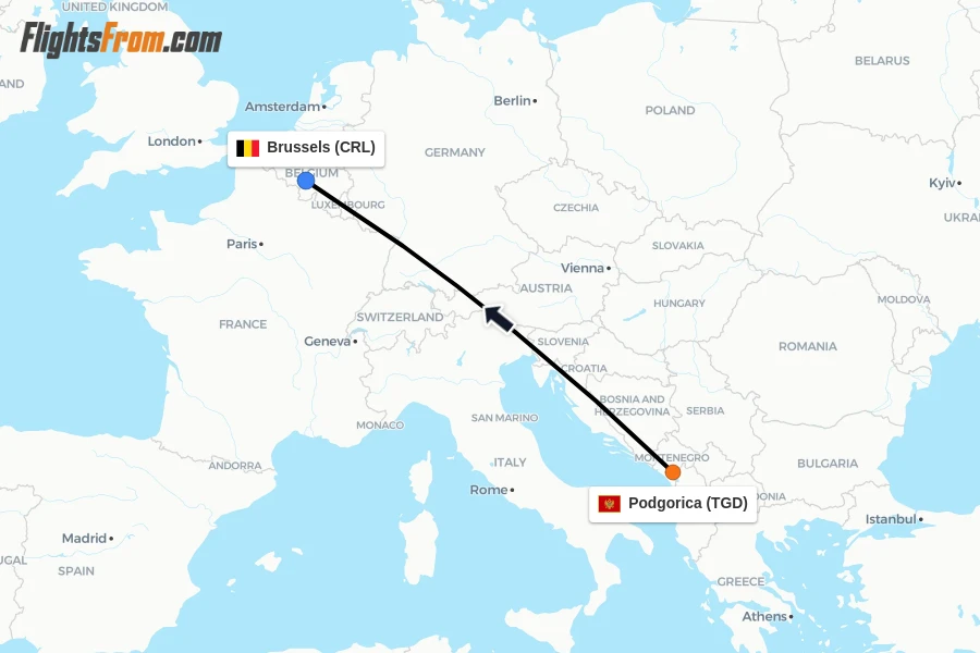 Flights from Podgorica to Brussels route map