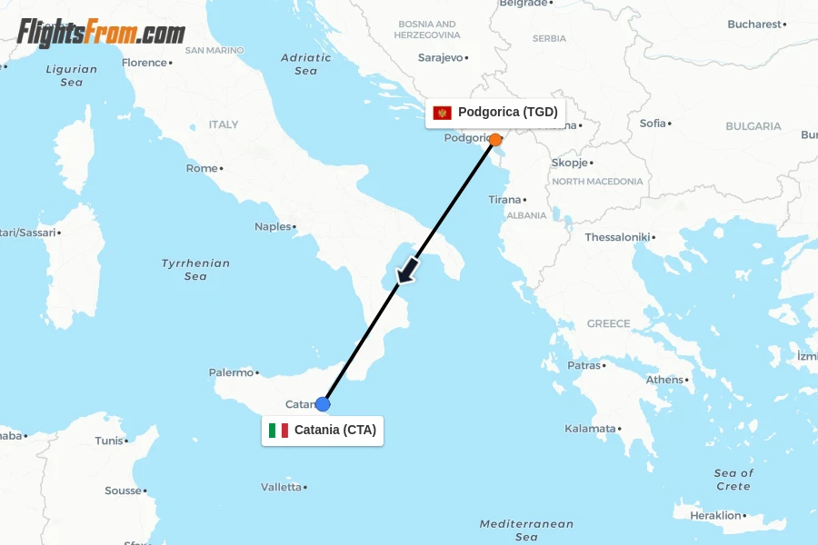 Flights from Podgorica to Catania route map