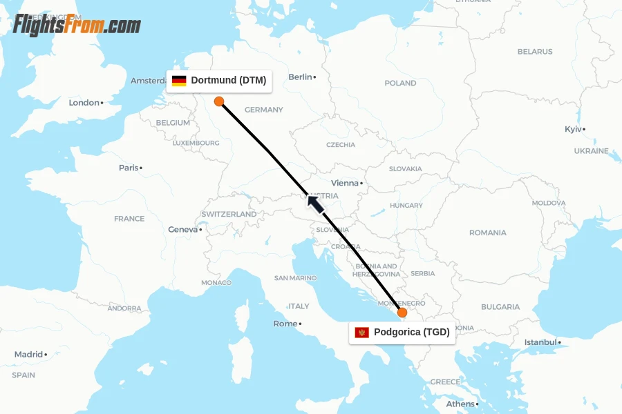 Flights from Podgorica to Dortmund route map
