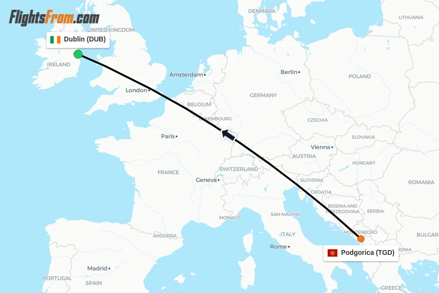 Flights from Podgorica to Dublin route map