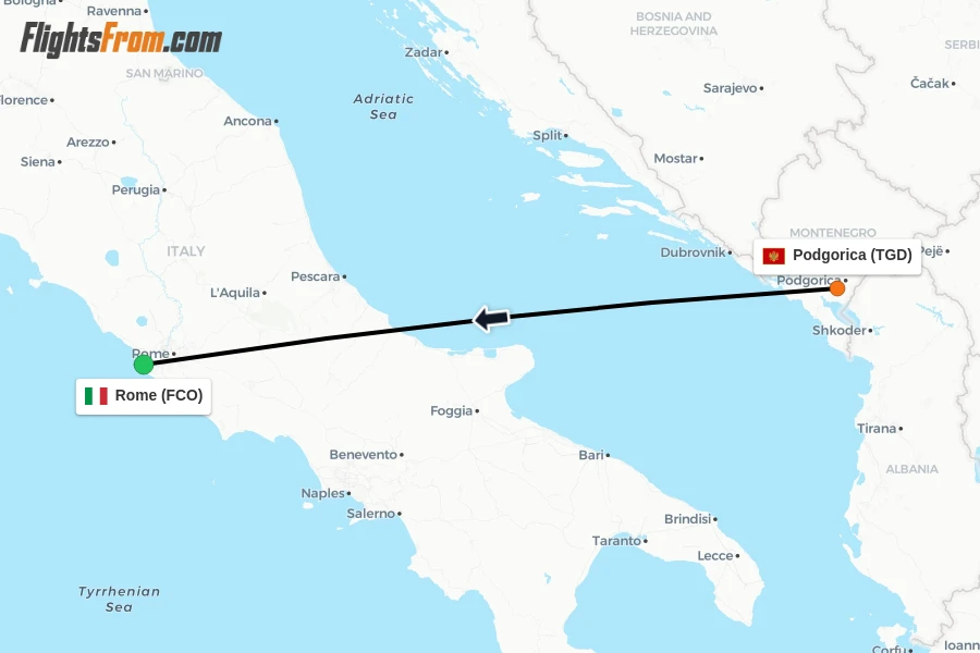 Flights from Podgorica to Rome route map