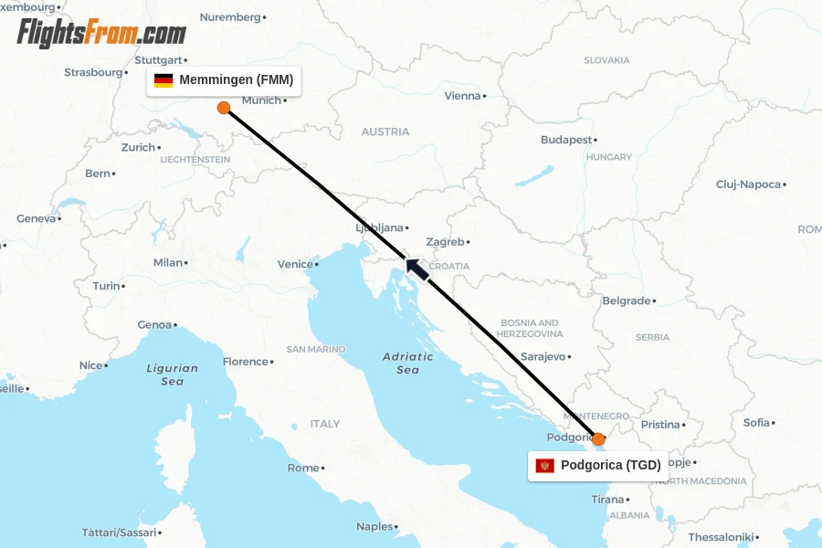 Flights from Podgorica to Memmingen route map