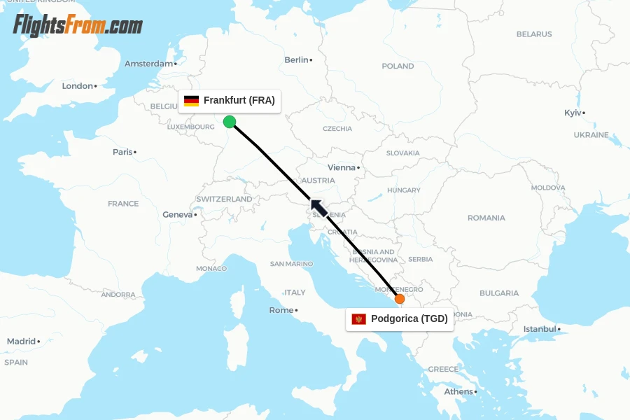Flights from Podgorica to Frankfurt route map